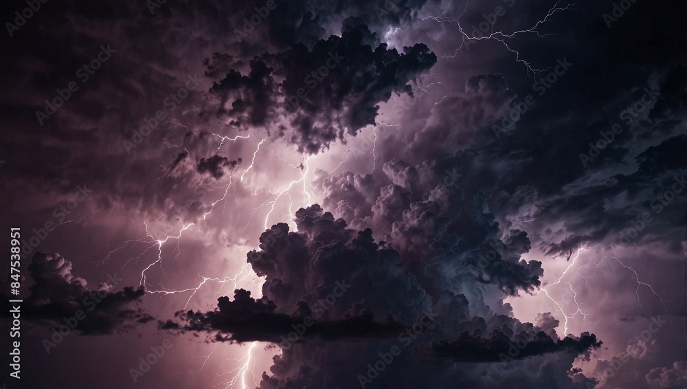 Lightning storm over the city sky in purple light Lightning storm over the city sky in purple light