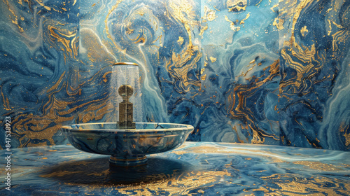 A fountain sits in a blue and gold room with a marble floor