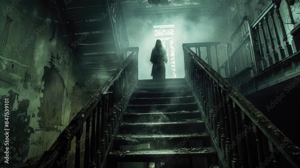Fototapeta premium Haunted Mansion with Ghostly Apparition on Staircase