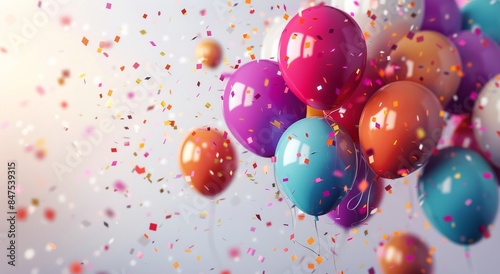 Colorful Balloons Floating in Confetti Against a Blue Background