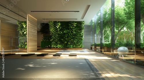 Spacious sport training room, sleek design, green plants adding a touch of nature, focus on wellness