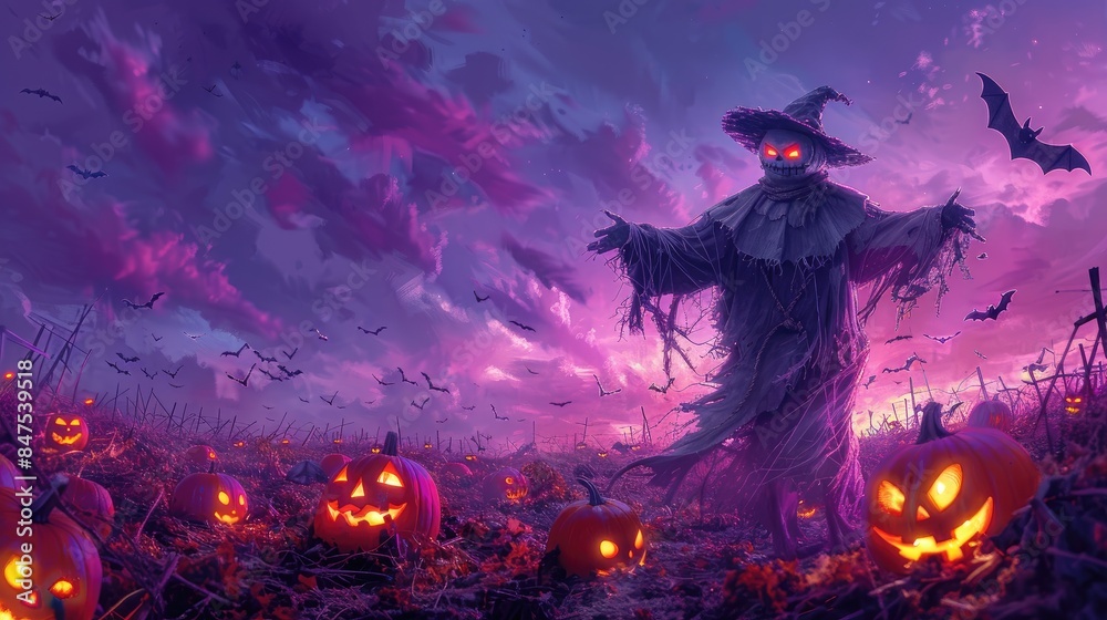 Spooky Scarecrow with Glowing Pumpkin Head in Halloween Field Spooky Scarecrow with Glowing Pumpkin Head in Halloween Field
