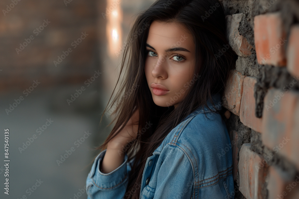 Young woman with long dark hair wearing a denim jacket, leaning against a brick wall, looking intently at the camera, creating a moody and introspective atmosphere