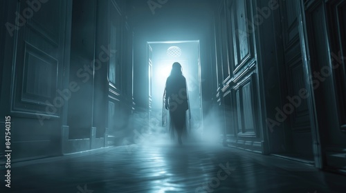 Wallpaper Mural Ghostly figure standing in a haunted, misty hallway Torontodigital.ca