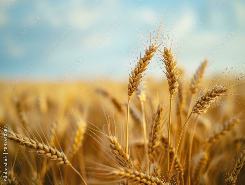 Close-up view of a wheat field during harvest time, showing ripe wheat spikes swaying gently with a clear blue sky in the background. Close-up view of a wheat field during harvest time, showing ripe wheat spikes swaying gently with a clear blue sky in the background.