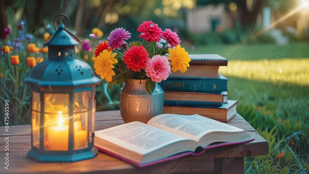 Books and flowers with aesthetic letters on a garden background, in smooth quality with 4K video Books and flowers with aesthetic letters on a garden background, in smooth quality with 4K video