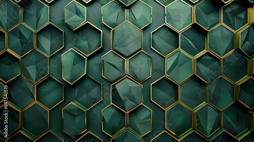 A captivating abstract design featuring deep green geometric patterns accentuated with gold metallic highlights. The hexagonal shapes create a honeycomb-like structure, adding a dramatic and sophistic photo