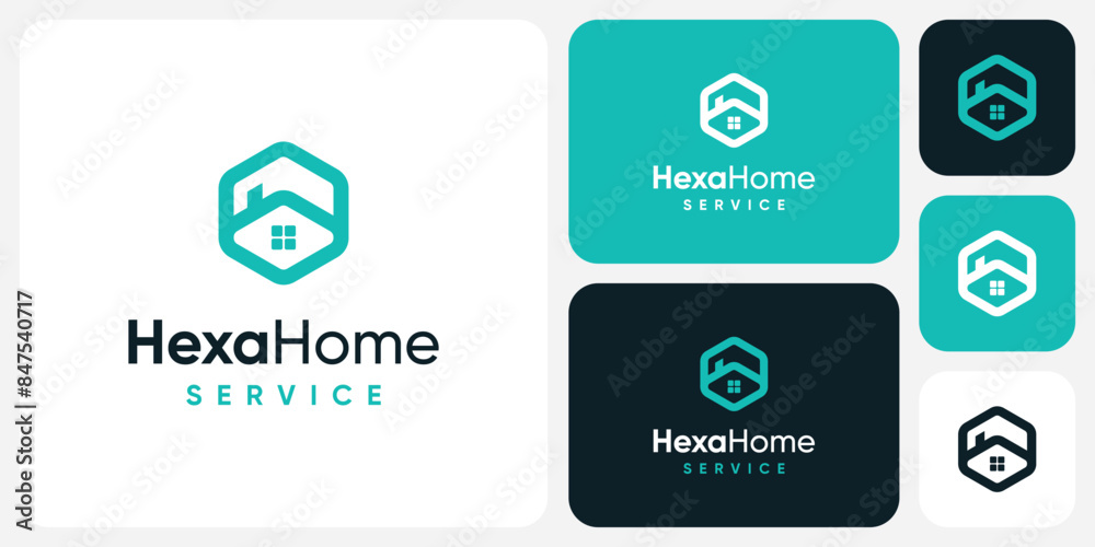 Hexagon shape geometric house vector logo design with modern, simple, clean and abstract style.