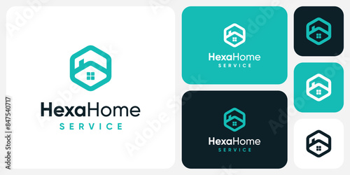 Hexagon shape geometric house vector logo design with modern, simple, clean and abstract style.