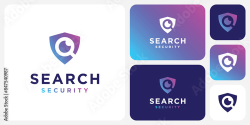 Search shield and magnifying glass technology vector logo design in modern, simple, clean and abstract style.
