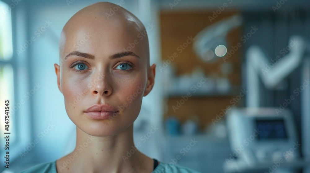 portrait of a Caucasian beautiful sad bald young woman suffering from cancer undergoing treatment in a clinic
