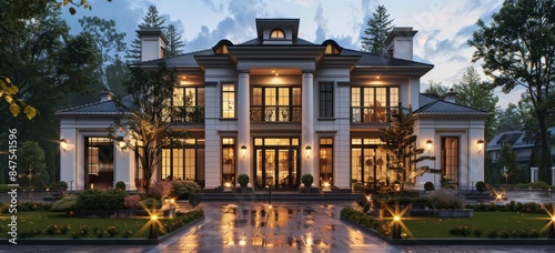 Large White House With Columns and Porch in Evening © olegganko