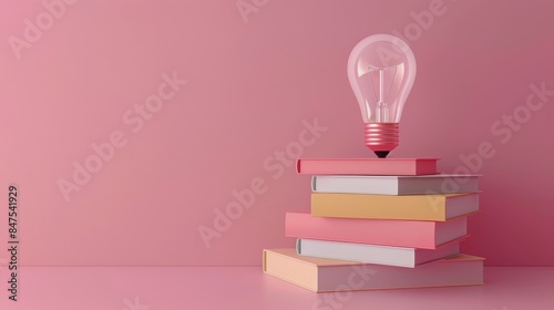 Light Bulb Floating Above Stack Of Pink Books