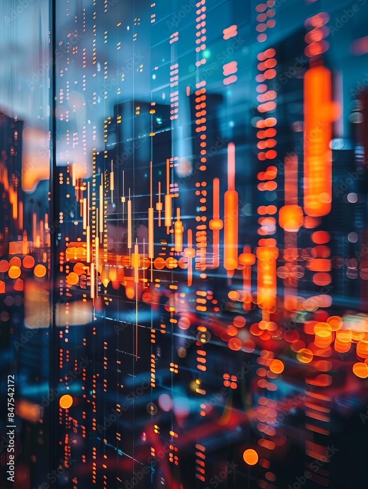 Fototapeta premium Abstract city lights and digital data overlay. Concept of technology and urban landscape.