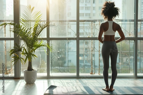 Woman in Yoga Pose in Modern Apartment with Plants