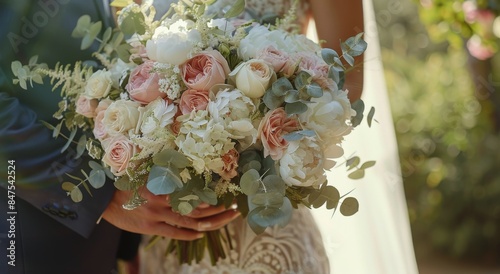 Bride and Groom Holding a Beautiful Wedding Bouquet With White and Pink Flowers