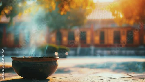Lit incense burner with blue smoke rising and colorful bokeh lights in the background
