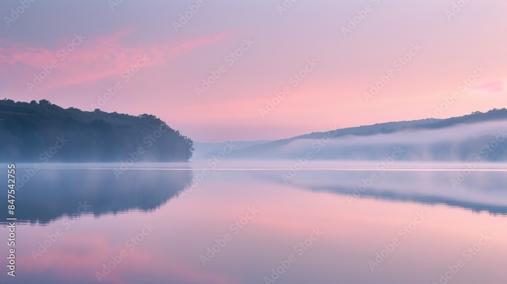 Fototapeta premium Serene dawn landscape with a calm lake reflecting the soft colors of the sky, morning mist hanging delicately over the water