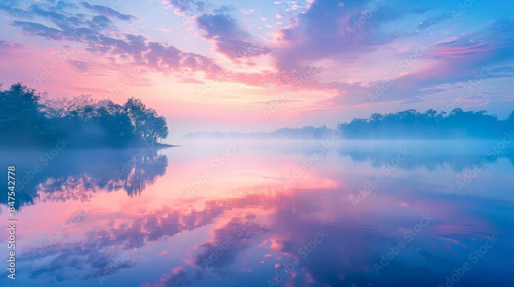Serene dawn landscape with a calm lake reflecting the soft colors of the sky, morning mist hanging delicately over the water Serene dawn landscape with a calm lake reflecting the soft colors of the sky, morning mist hanging delicately over the water