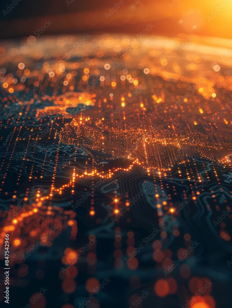 Abstract digital map of the world with glowing lines and points representing data connections. Abstract digital map of the world with glowing lines and points representing data connections.