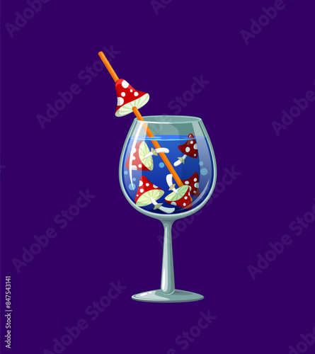 Halloween cocktail with amanita mushrooms and straw, mystic brew or potion, beckoning with an eerie allure, a haunting sip that enchants the night. Isolated cartoon vector blue sinister fungi drink