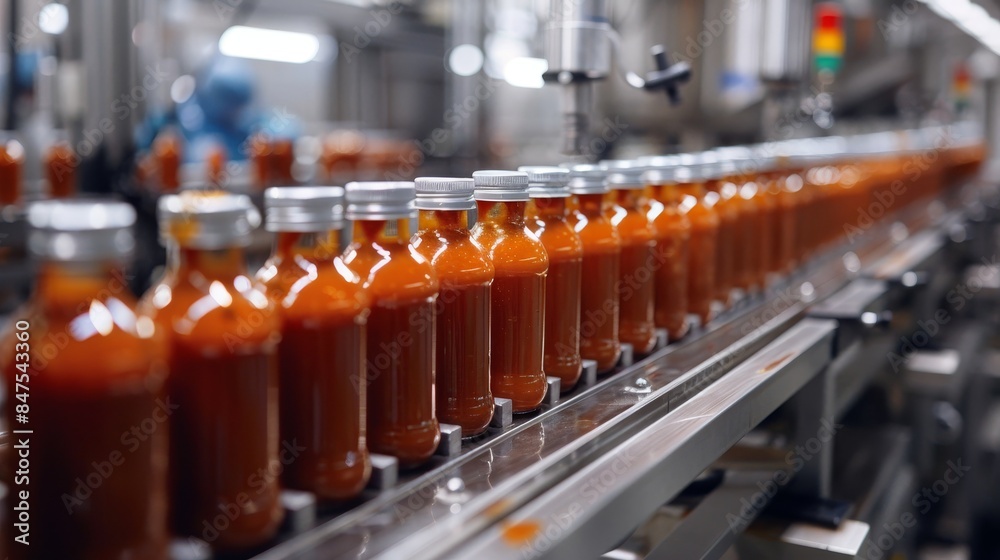 Robots in a cutting-edge factory bottling barbecue sauce, shiny surfaces, sanitary conditions, automated precision Robots in a cutting-edge factory bottling barbecue sauce, shiny surfaces, sanitary conditions, automated precision