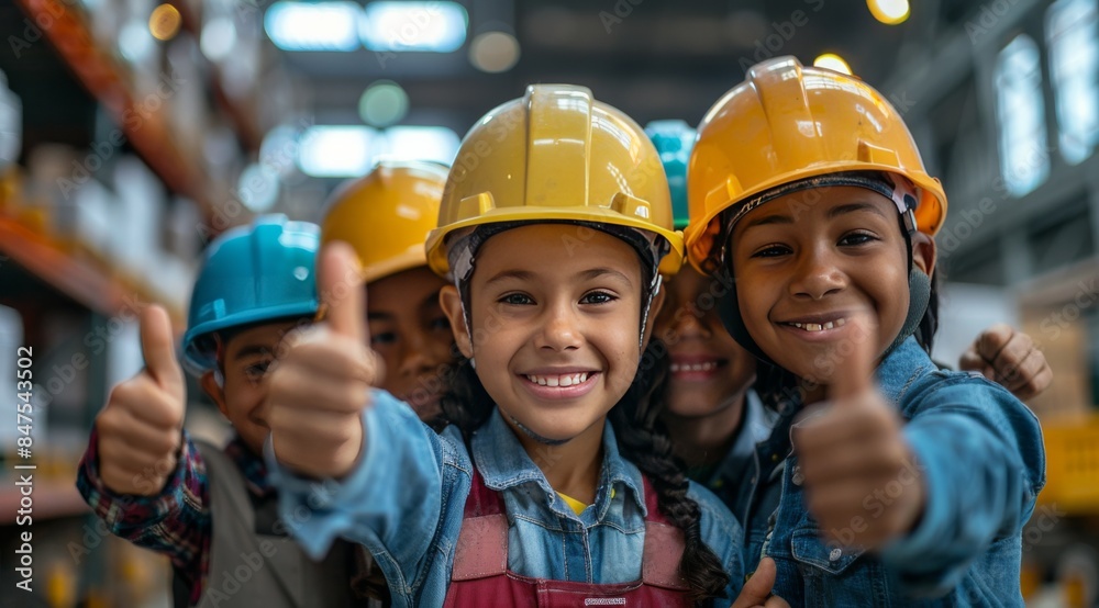 Happy Children Wearing Hard Hats Give Thumbs Up in Industrial Setting Happy Children Wearing Hard Hats Give Thumbs Up in Industrial Setting