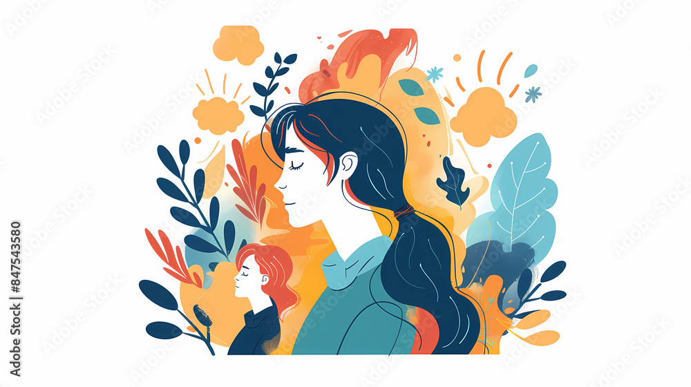 Colorful illustration of two women with vibrant botanical elements, exuding calmness and creativity. Colorful illustration of two women with vibrant botanical elements, exuding calmness and creativity.