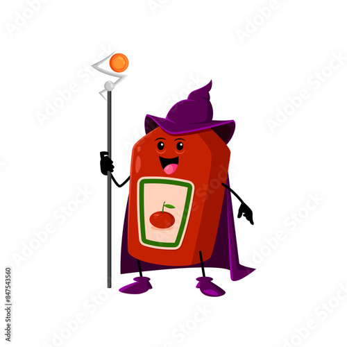 Cartoon Halloween ketchup bottle fast food mage, wizard and witch character. Isolated vector whimsical personage with a robe, staff and pointy hat, casting condiment spells to flavor up spooky dishes