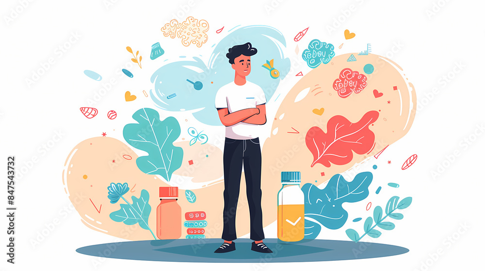 Young man surrounded by colorful, abstract shapes and healthy supplements, showcasing the connection between wellness and creativity. Young man surrounded by colorful, abstract shapes and healthy supplements, showcasing the connection between wellness and creativity.