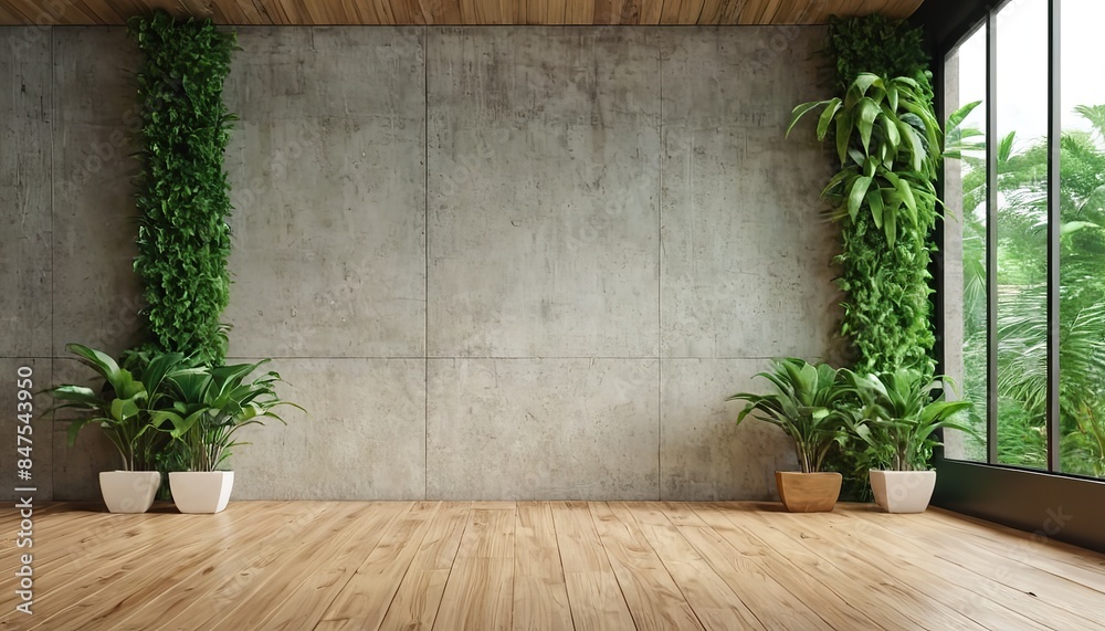 Living room with an empty beige wall with wicker rattan armchair and vase and a large green plant, copy space Living room with an empty beige wall with wicker rattan armchair and vase and a large green plant, copy space
