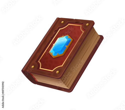 Game book, ancient tome imbued with spells, enchantments, and arcane knowledge. Isolated cartoon vector closed magic game book with leather cover and blue gemstone contains mystic secrets and power