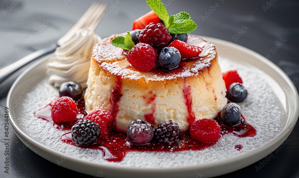 Indulge in baked quark flan adorned with powdered sugar, vanilla ice cream, berry sauce, and fresh seasonal fruit, a culinary masterpiece Indulge in baked quark flan adorned with powdered sugar, vanilla ice cream, berry sauce, and fresh seasonal fruit, a culinary masterpiece