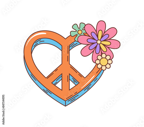 Retro groovy hippie heart with peace symbol and flowers, vector 70s cartoon. Groovy heart with blooming flowers for love and peace, freedom and positive vibes or hippie summer emotion emoji