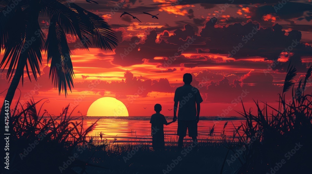 Father and child standing together on the beach at sunset, capturing the serene and bonding moments as they enjoy the view and each other's company Father and child standing together on the beach at sunset, capturing the serene and bonding moments as they enjoy the view and each other's company
