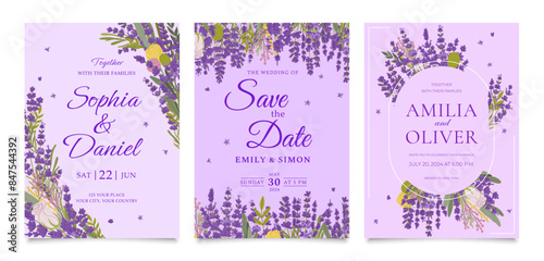 Wedding invitation template with lavender flowers and floral frames, vector background. Wedding Save the Date or engagement invitation cards with Provence lavender and purple lilac garden flowers