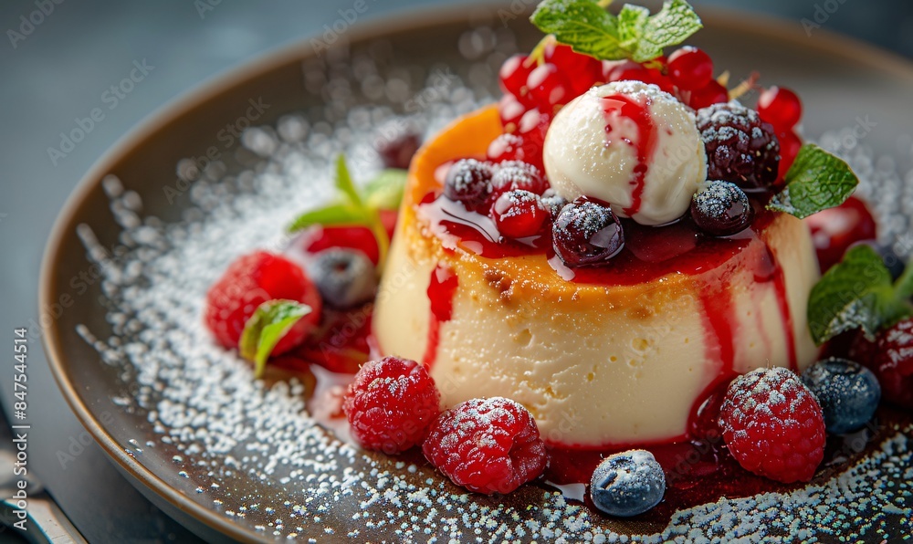 Savor the sweetness of baked quark flan, topped with powdered sugar, vanilla ice cream, berry sauce, and luscious seasonal fruits. Savor the sweetness of baked quark flan, topped with powdered sugar, vanilla ice cream, berry sauce, and luscious seasonal fruits.