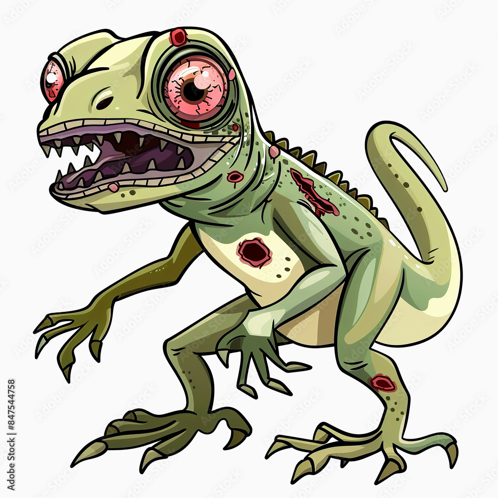 Fototapeta premium Scary Iguana Zombie cartoon isolated on white background. Undead Iguana Zombie cartoon
