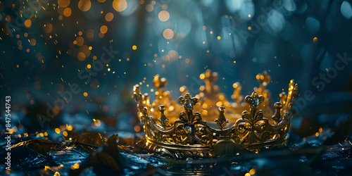 Golden Crown with Intricate Designs, Surrounded by Bokeh Effect of Light