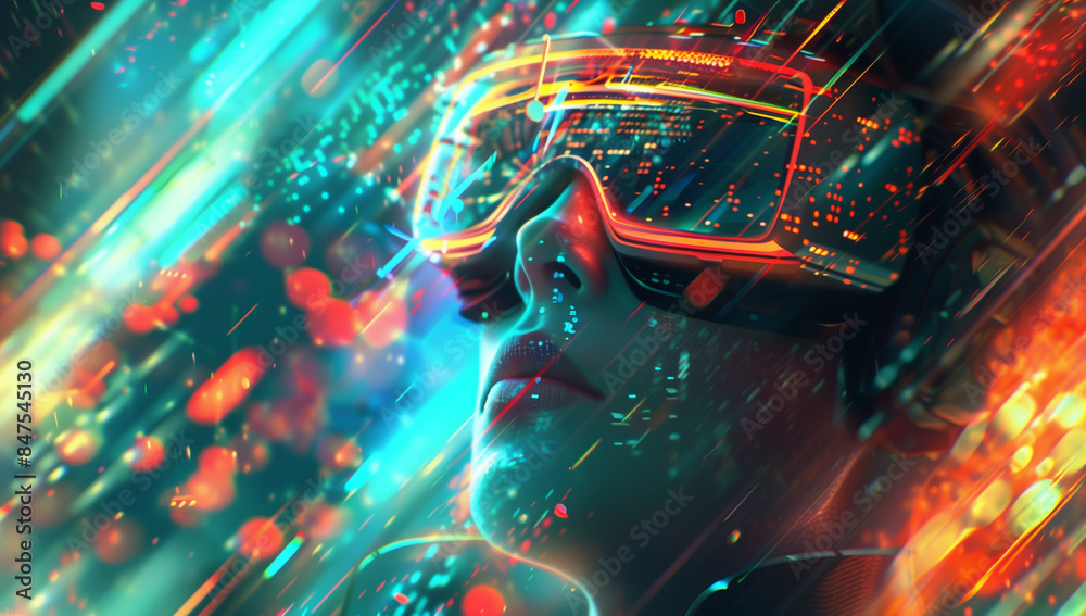 Virtual Reality Experience with Holographic Data. A futuristic scene showcasing a person immersed in a virtual reality experience Virtual Reality Experience with Holographic Data. A futuristic scene showcasing a person immersed in a virtual reality experience