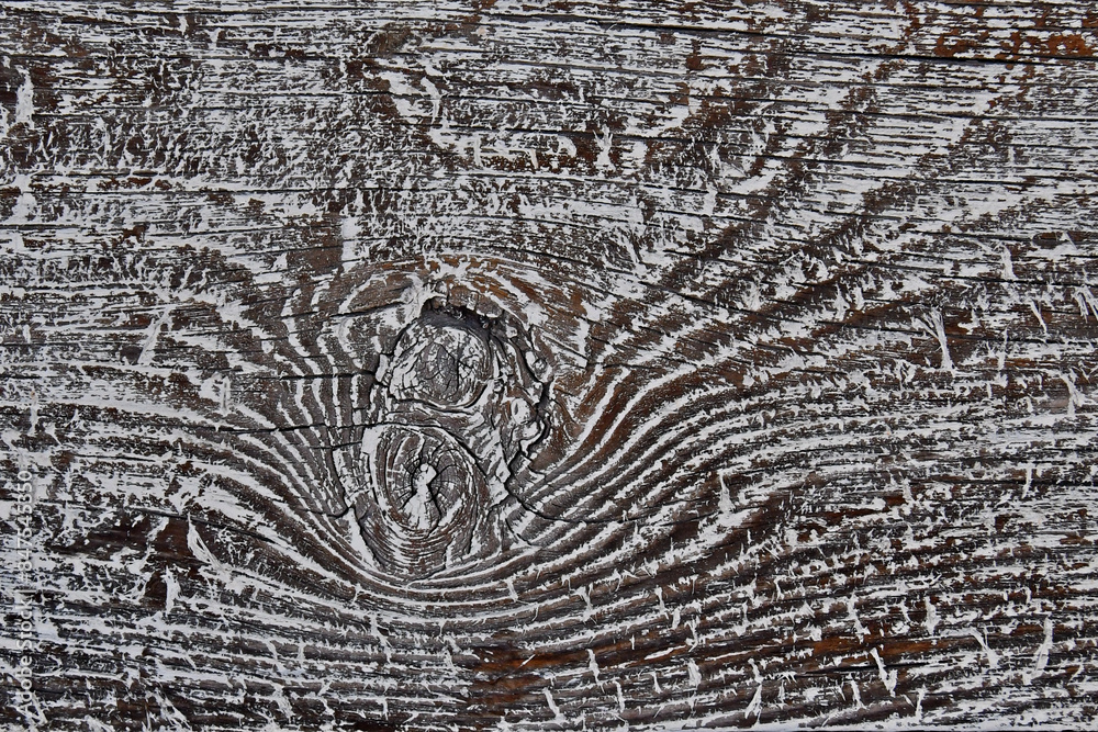 Naklejka premium Weathered old wood plank creates interesting pattern around knot