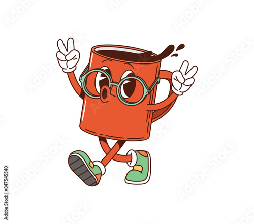 Cartoon coffee mug retro groovy breakfast character. Isolated vector playful red cup vintage style comic personage wearing shoes, with smiling face, glasses, and showing a peace sign with both hands