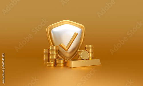 Golden Financial Security Concept with Shield and Coins
