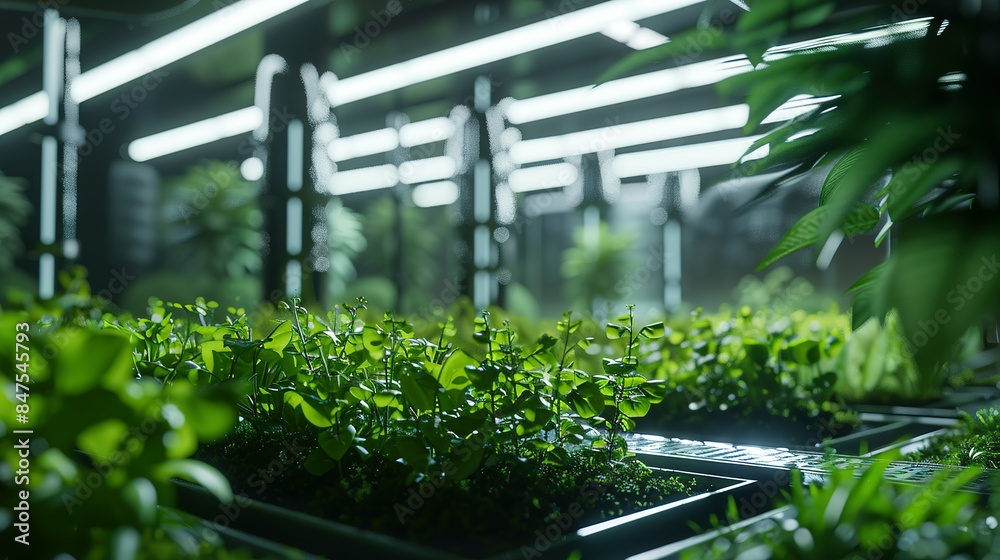 Fototapeta premium A Hydroponic Vertical Farm Embraces the Future with High-Tech Automation and Holographic Guidance in a Greenhouse Laboratory