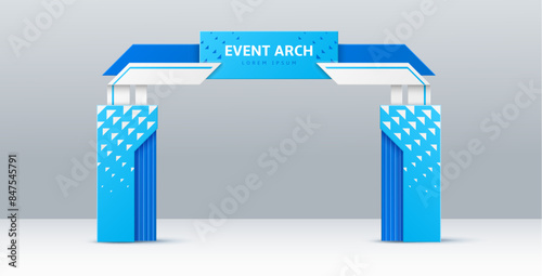 Event arch or entrance gate mockup template of entry or welcome archway, vector 3D design. Event arch for sport marathon start and finish gate, exhibition or expo entrance blue stand frame mock up