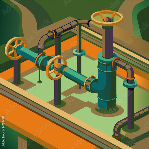 Industrial Steel Pipes and Valve Connections for Water, Gas, and Oil: Vector AI Generative







