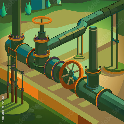 Industrial Steel Pipes and Valve Connections for Water, Gas, and Oil: Vector AI Generative







