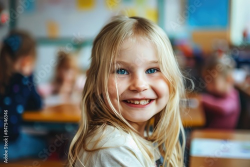 Photo of a blonde girl with a playful smile in the background of a classroom, stock photo , with Copy Space