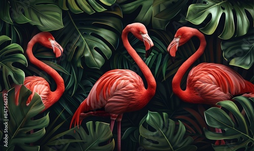 Tropical retro pattern with flamingos, in Tiago Hoisel's style, featuring surrealistic elements and cartoon compositions, kimoicore vibes. photo