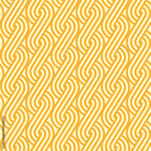 Ramen noodle pattern with braided line ornament, vector seamless background. Abstract yellow noodles pattern with curly wavy knit lines of instant noodles for Asian Chinese or Japanese background